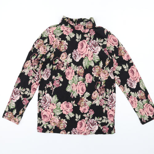 NEXT Girls Black Floral Cotton Basic T-Shirt Size 12 Years Mock Neck Pullover