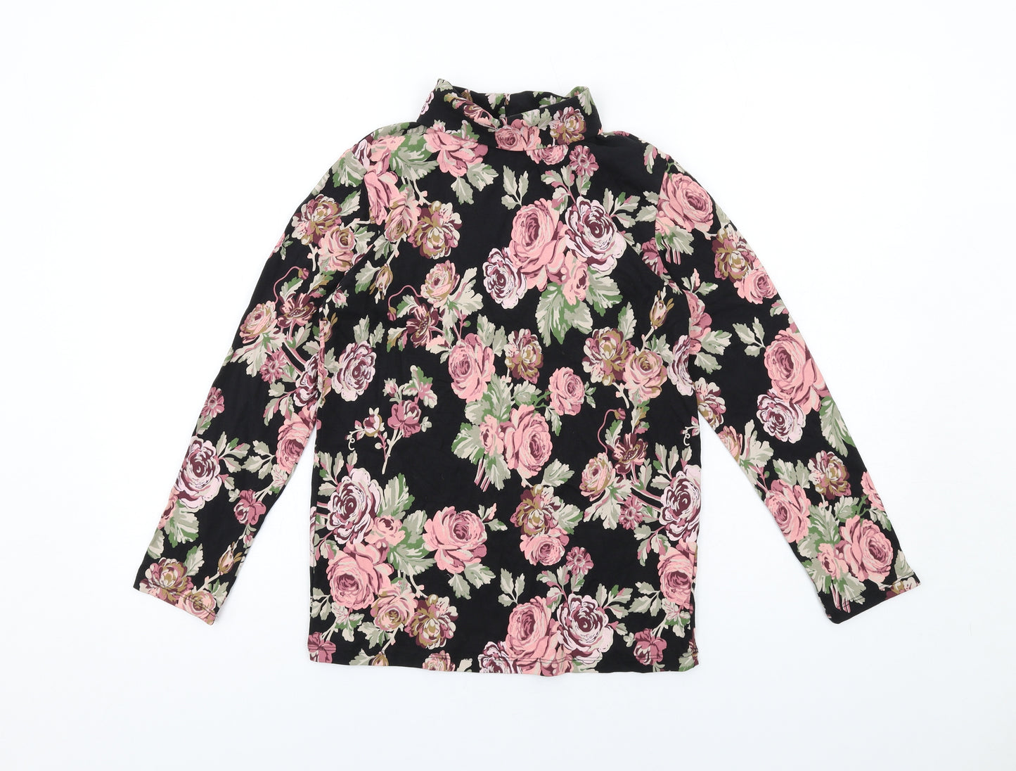 NEXT Girls Black Floral Cotton Basic T-Shirt Size 12 Years Mock Neck Pullover