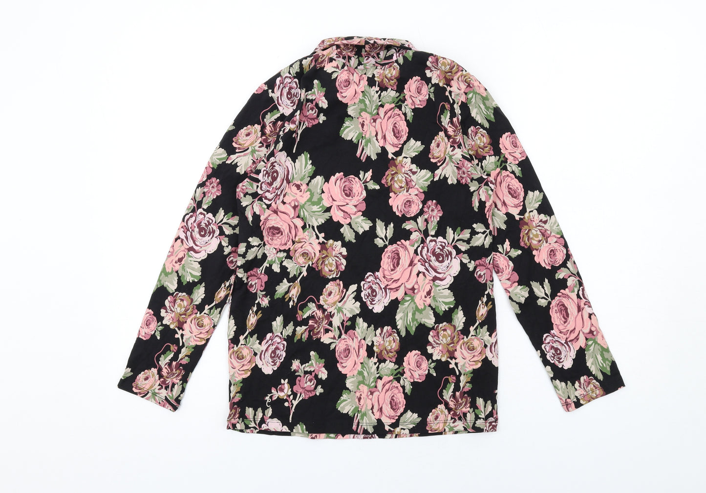 NEXT Girls Black Floral Cotton Basic T-Shirt Size 12 Years Mock Neck Pullover