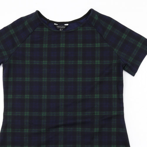 New Look Womens Blue Plaid Polyester Shift Size 14 Round Neck Pullover