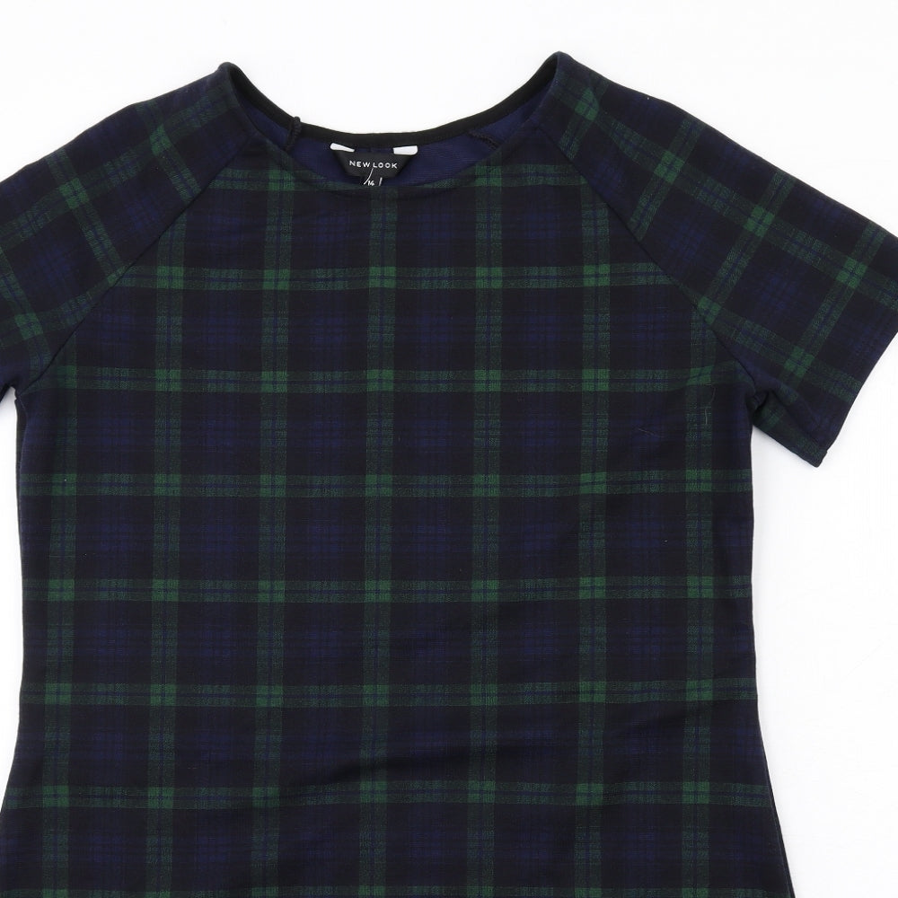 New Look Womens Blue Plaid Polyester Shift Size 14 Round Neck Pullover