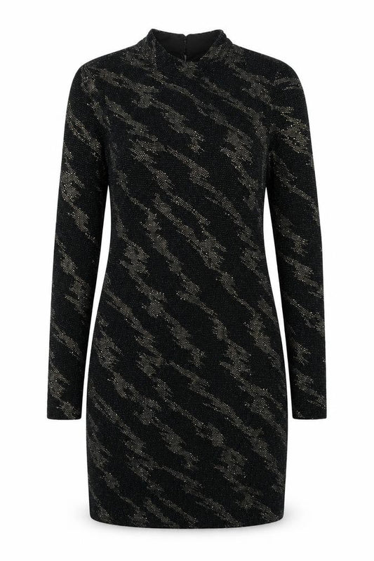 Front view of Topshop women’s multicoloured geometric polyester bodycon, size UK 12, mock neck button
