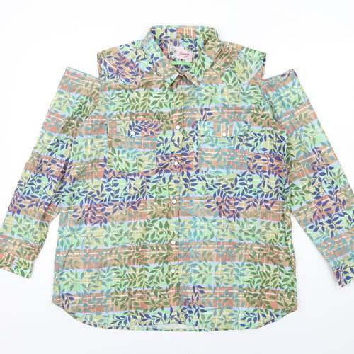 Pareesa Pret Womens Multicoloured Geometric Cotton Basic Button-Up Size L Collared - Cold Shoulder Detail