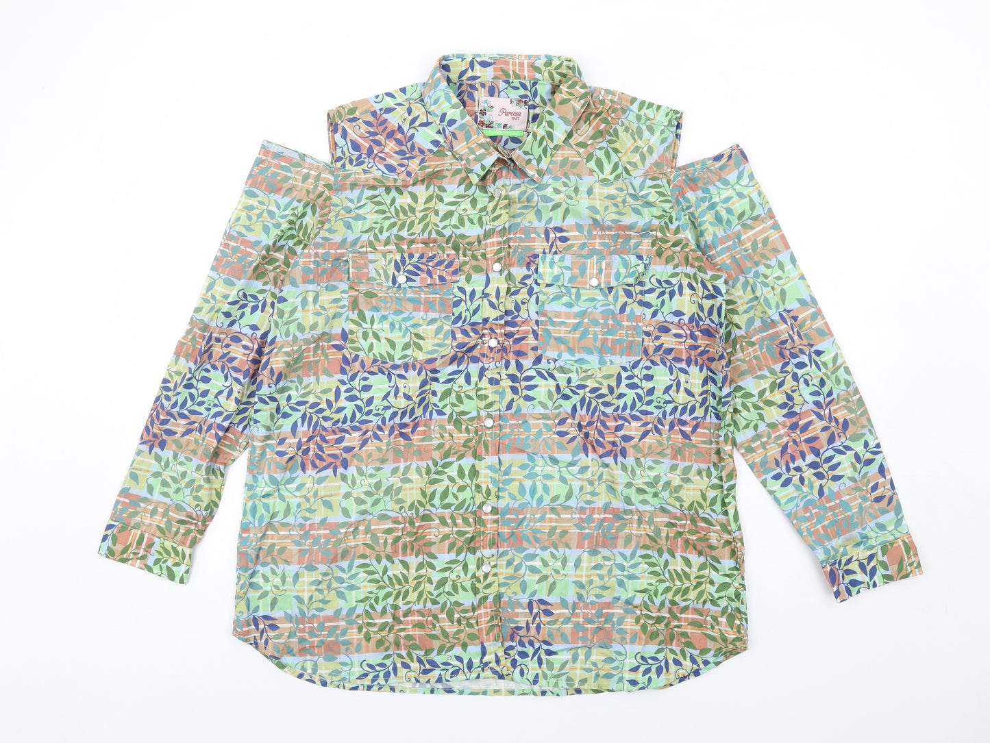 Pareesa Pret Womens Multicoloured Geometric Cotton Basic Button-Up Size L Collared - Cold Shoulder Detail