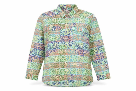 Front view of Pareesa Pret women’s multicoloured geometric cotton basic button-up, size L, collared - cold shoulder detail