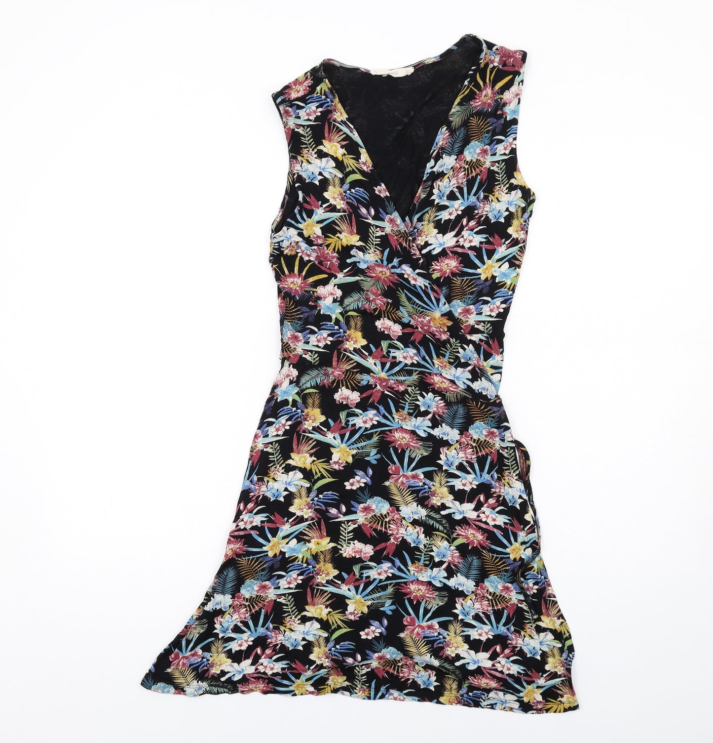Mango Womens Multicoloured Floral Viscose A-Line Size S V-Neck Tie