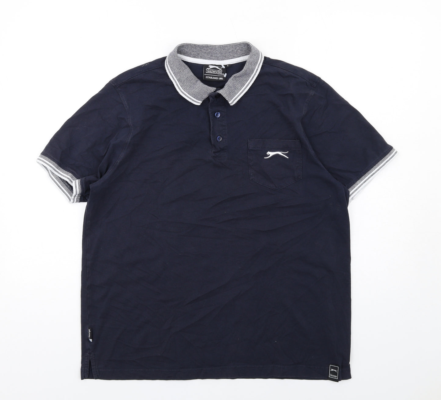 Slazenger Mens Blue Cotton Polo Size L Collared Button