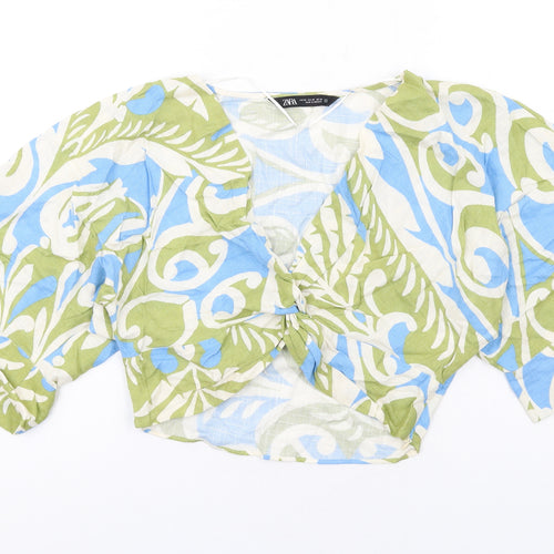Zara Womens Multicoloured Geometric Viscose Cropped Blouse Size XS V-Neck