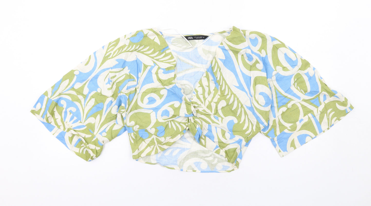Zara Womens Multicoloured Geometric Viscose Cropped Blouse Size XS V-Neck