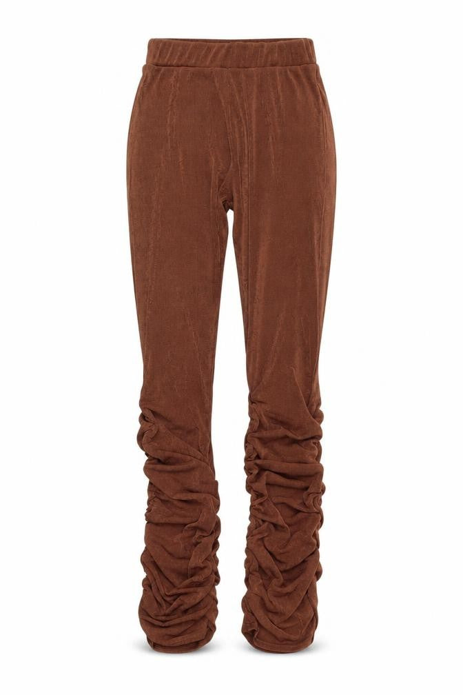 Front view of PRETTYLITTLETHING women’s brown polyester trousers, size UK 8, 31-inch leg regular