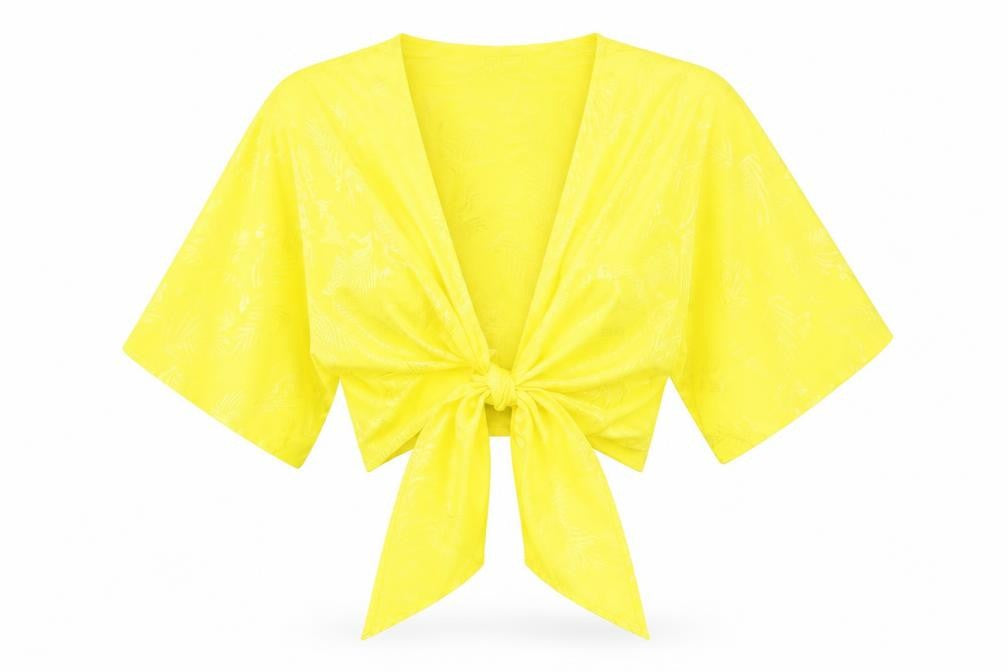 Front view of ASOS women’s yellow geometric polyester basic blouse, size UK 8, v-neck - tie front detail