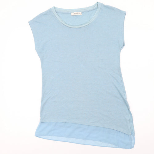 Indigo Womens Blue Polyester Basic T-Shirt Size 12 Boat Neck - Asymmetric Hem