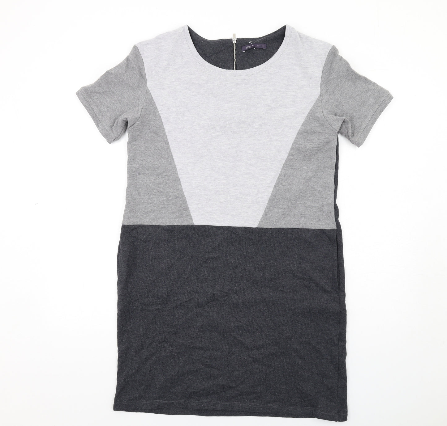 Marks and Spencer Womens Grey Geometric Polyester T-Shirt Dress Size 14 Round Neck Zip