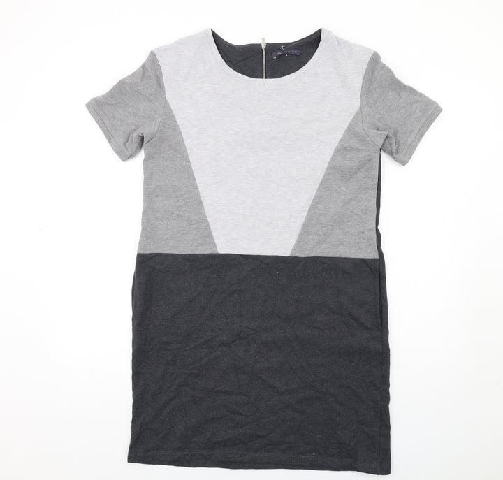 Marks and Spencer Womens Grey Geometric Polyester T-Shirt Dress Size 14 Round Neck Zip