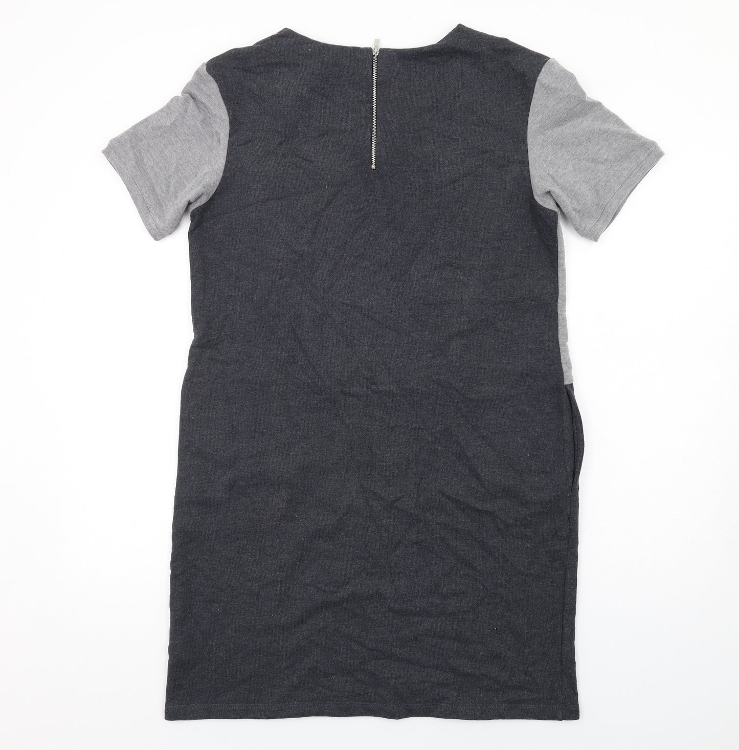Marks and Spencer Womens Grey Geometric Polyester T-Shirt Dress Size 14 Round Neck Zip