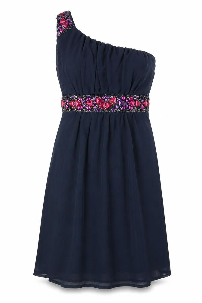 Front view of Rise women’s green polyester a-line, size UK 8, one shoulder zip