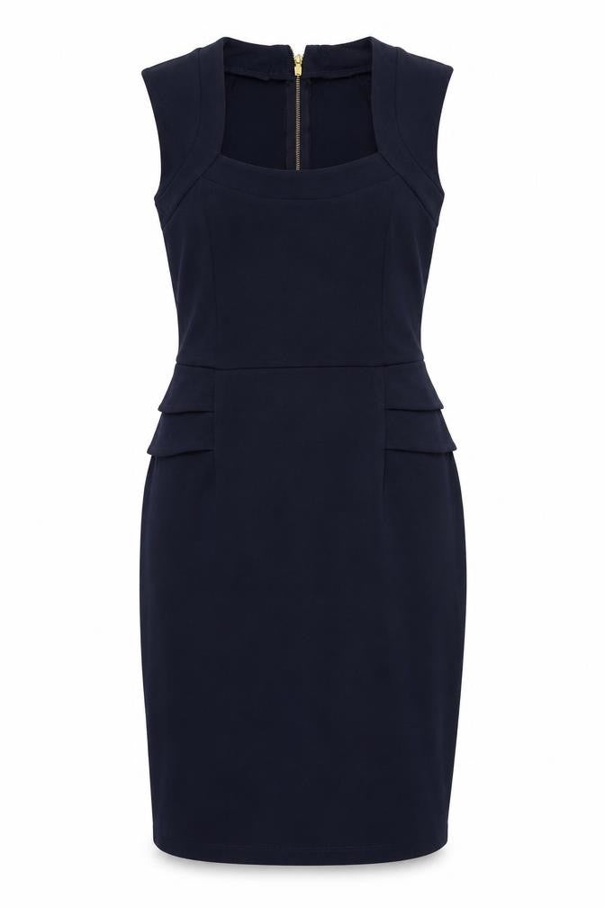 Front view of Dorothy Perkins women’s blue polyester shift, size UK 10, square neck zip