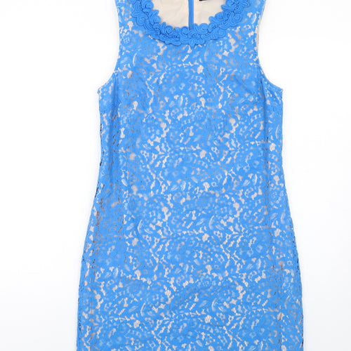 Oasis Womens Blue Geometric Cotton Shift Size 12 Round Neck Zip