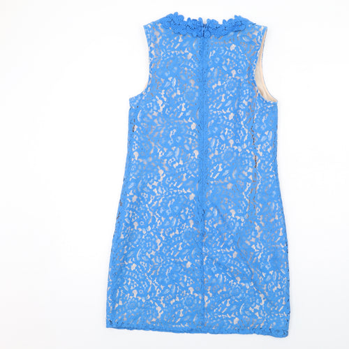 Oasis Womens Blue Geometric Cotton Shift Size 12 Round Neck Zip