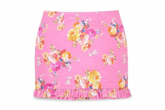 Front view of ASOS women’s pink floral polyester trumpet skirt, size UK 10, zip