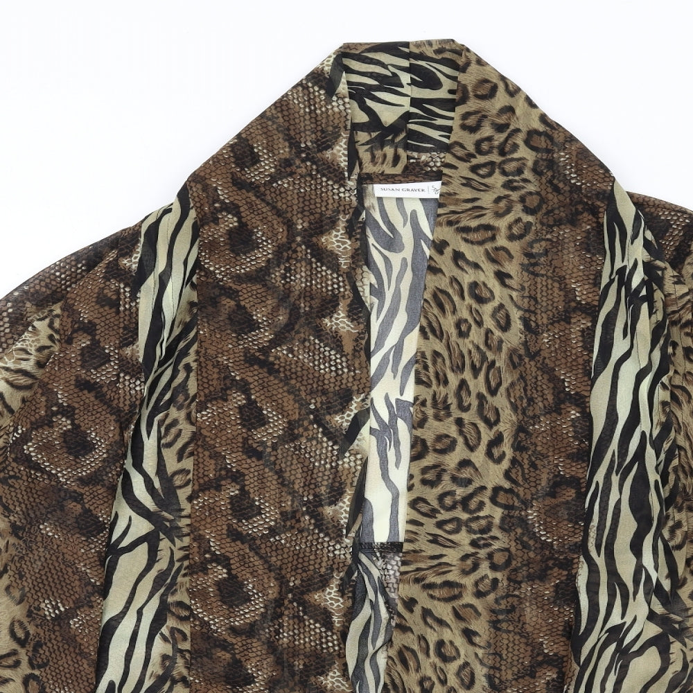 Susan Graver Womens Brown Animal Print Polyester Kimono Blouse Size S Collared