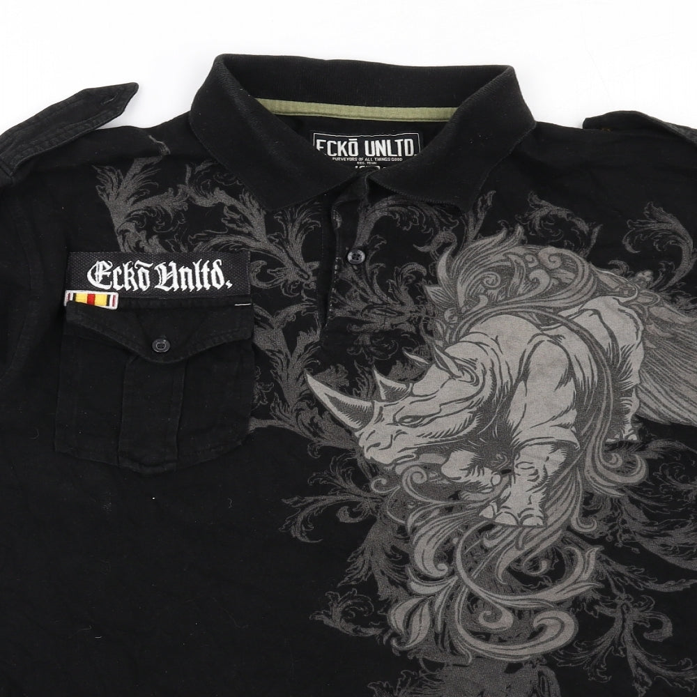 Ecko Unltd. Mens Black Cotton Polo Size M Collared Button