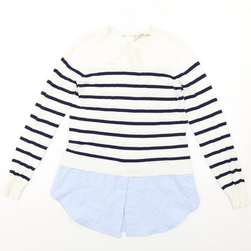 Oasis Womens White Round Neck Striped Cotton Pullover Jumper Size XS