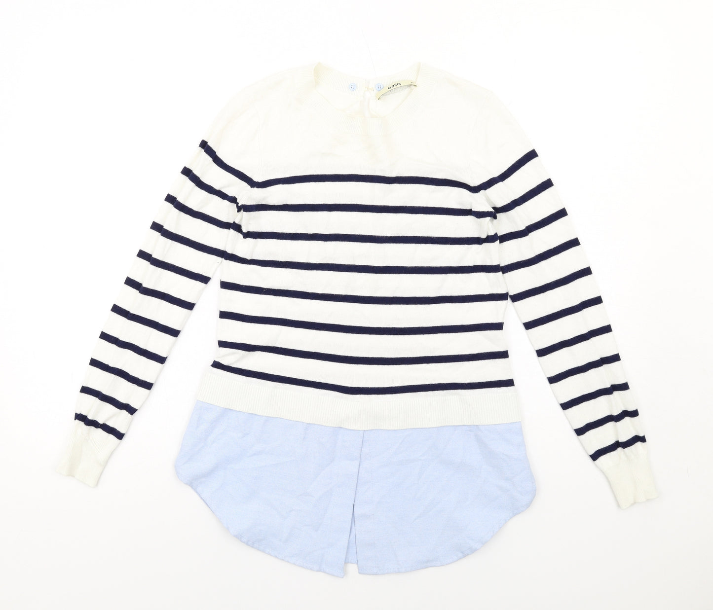 Oasis Womens White Round Neck Striped Cotton Pullover Jumper Size XS