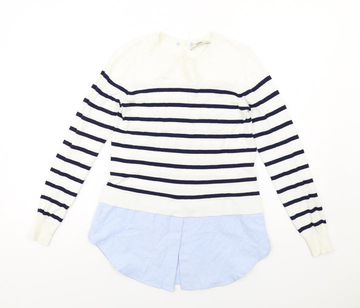 Oasis Womens White Round Neck Striped Cotton Pullover Jumper Size XS