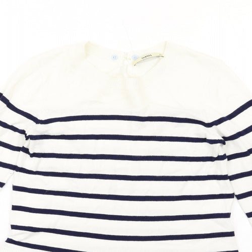 Oasis Womens White Round Neck Striped Cotton Pullover Jumper Size XS