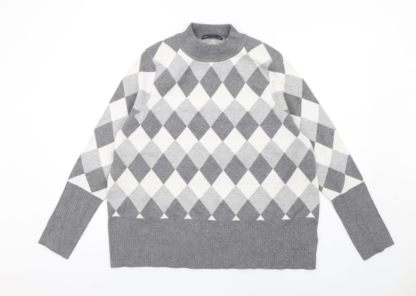 Marks and Spencer Womens Grey Mock Neck Argyle/Diamond Viscose Pullover Jumper Size 22
