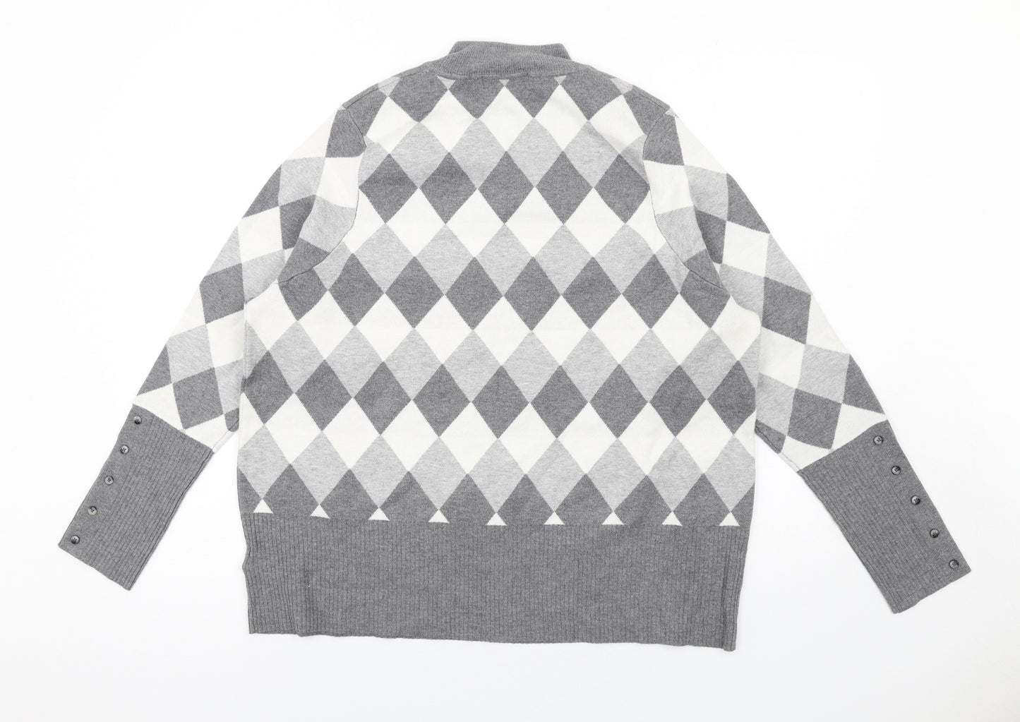 Marks and Spencer Womens Grey Mock Neck Argyle/Diamond Viscose Pullover Jumper Size 22