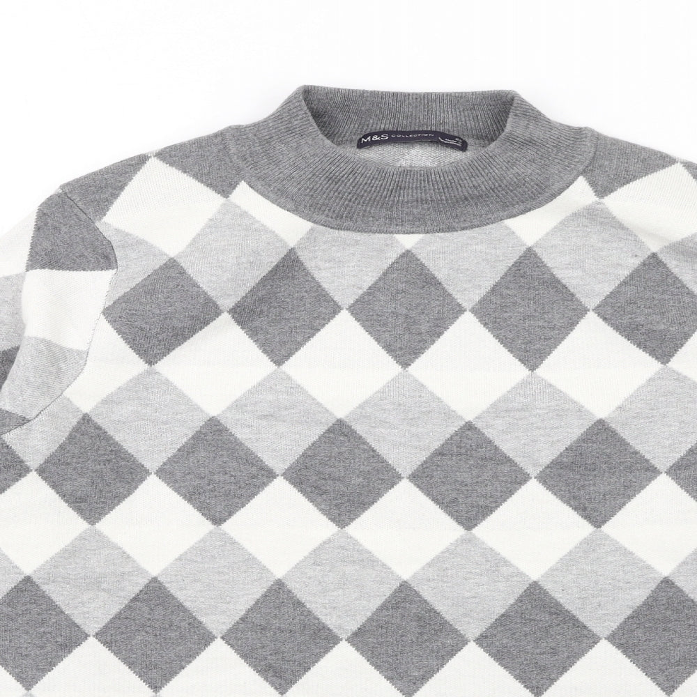 Marks and Spencer Womens Grey Mock Neck Argyle/Diamond Viscose Pullover Jumper Size 22