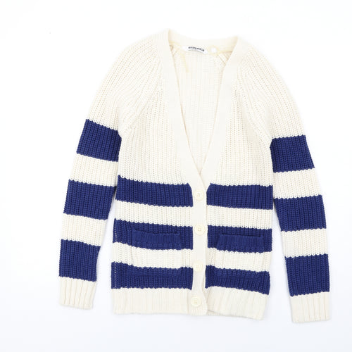 New Look Girls Ivory V-Neck Striped Acrylic Cardigan Jumper Size 12-13 Years Button