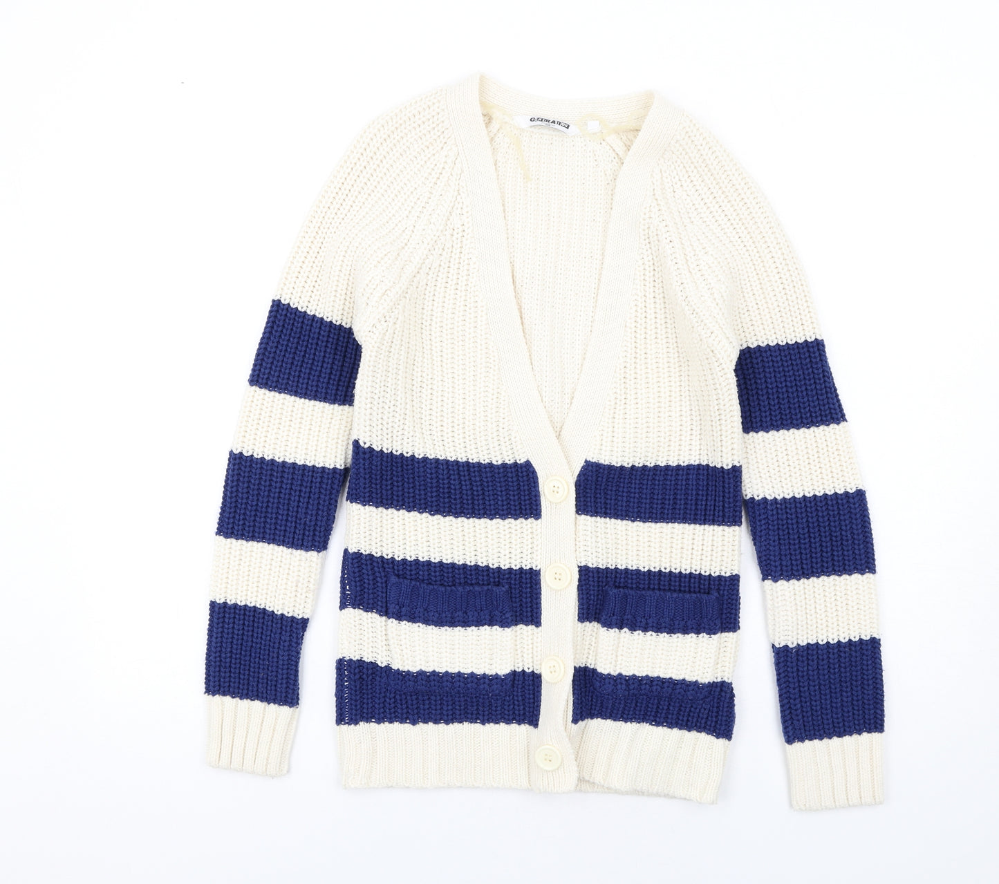New Look Girls Ivory V-Neck Striped Acrylic Cardigan Jumper Size 12-13 Years Button