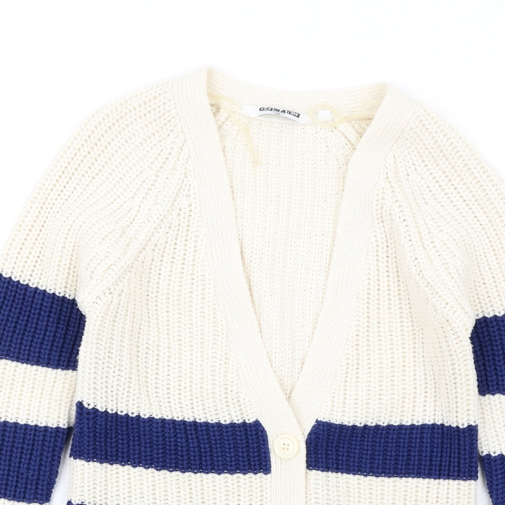 New Look Girls Ivory V-Neck Striped Acrylic Cardigan Jumper Size 12-13 Years Button