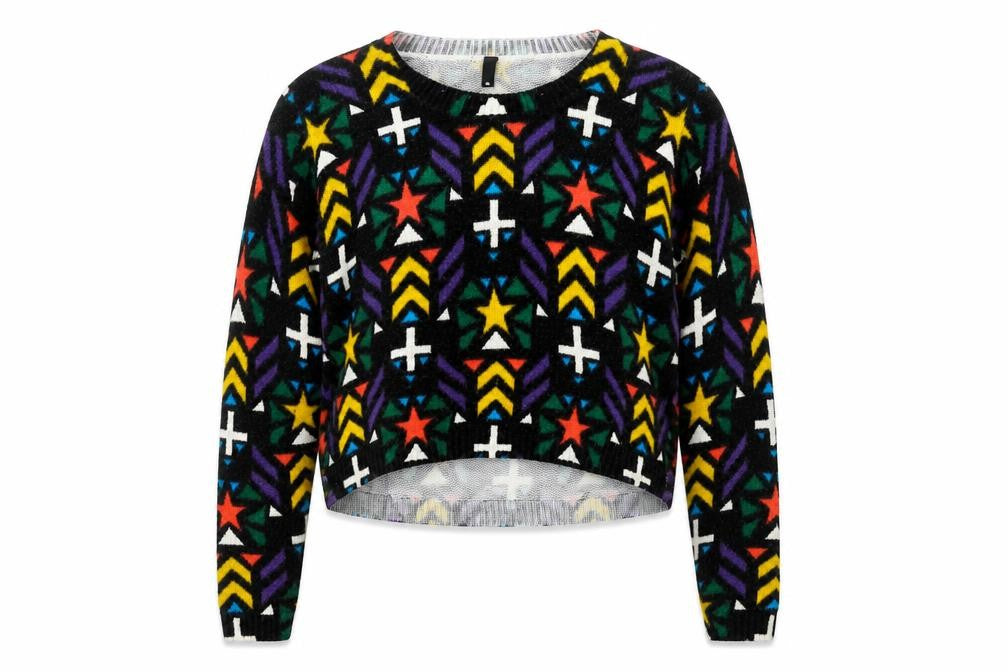 Front view of H&M women’s multicoloured round neck geometric acrylic jumper, size S