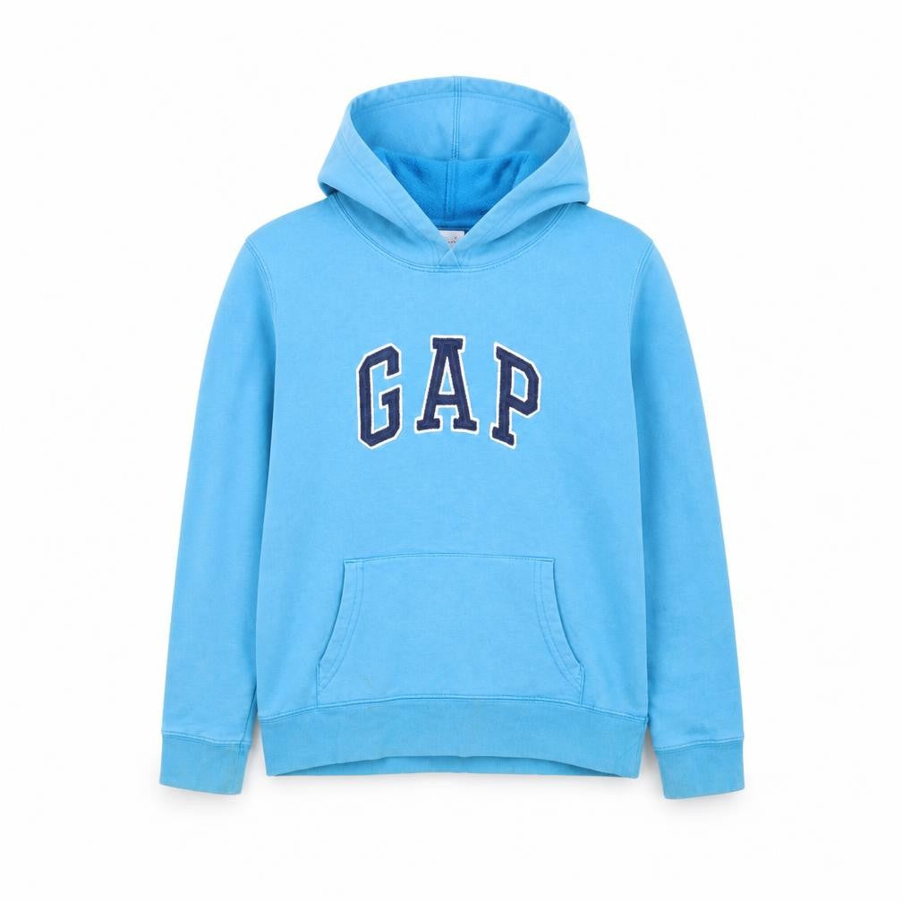 Front view of Gap boys’ blue cotton pullover hoodie, size S, pullover