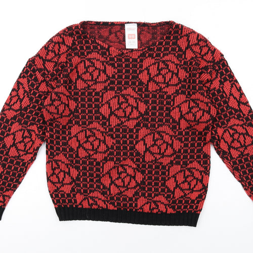 St Michael Womens Red Round Neck Floral Acrylic Pullover Jumper Size 8