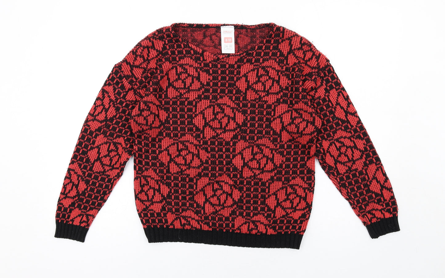 St Michael Womens Red Round Neck Floral Acrylic Pullover Jumper Size 8