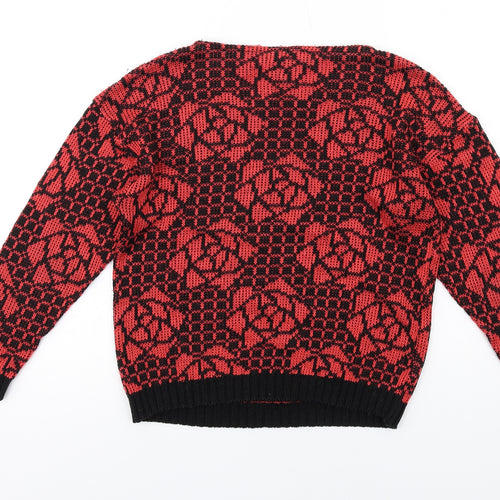 St Michael Womens Red Round Neck Floral Acrylic Pullover Jumper Size 8