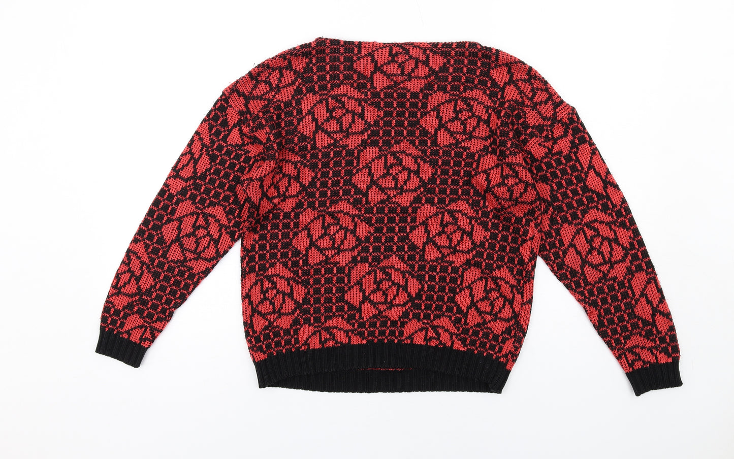 St Michael Womens Red Round Neck Floral Acrylic Pullover Jumper Size 8