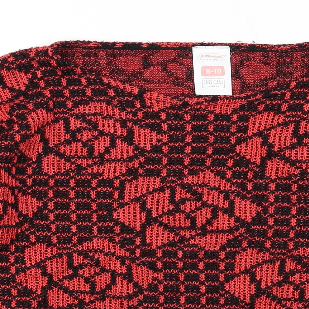 St Michael Womens Red Round Neck Floral Acrylic Pullover Jumper Size 8