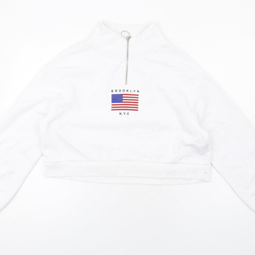 H&M Womens White Cotton Pullover Sweatshirt Size M Zip - Brooklyn N.Y.C