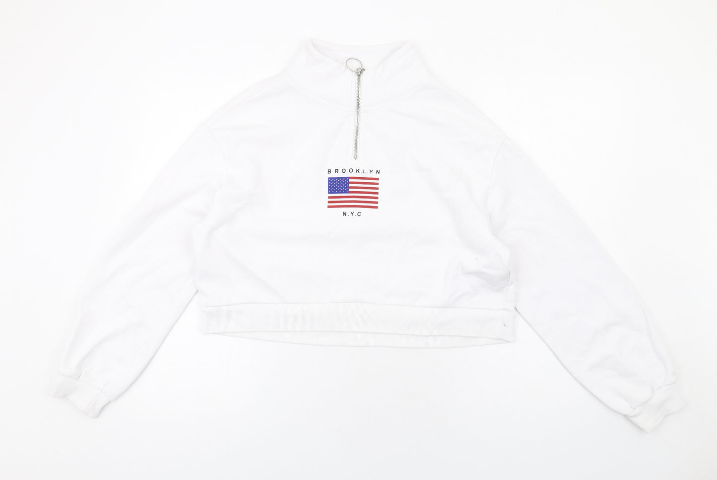 H&M Womens White Cotton Pullover Sweatshirt Size M Zip - Brooklyn N.Y.C