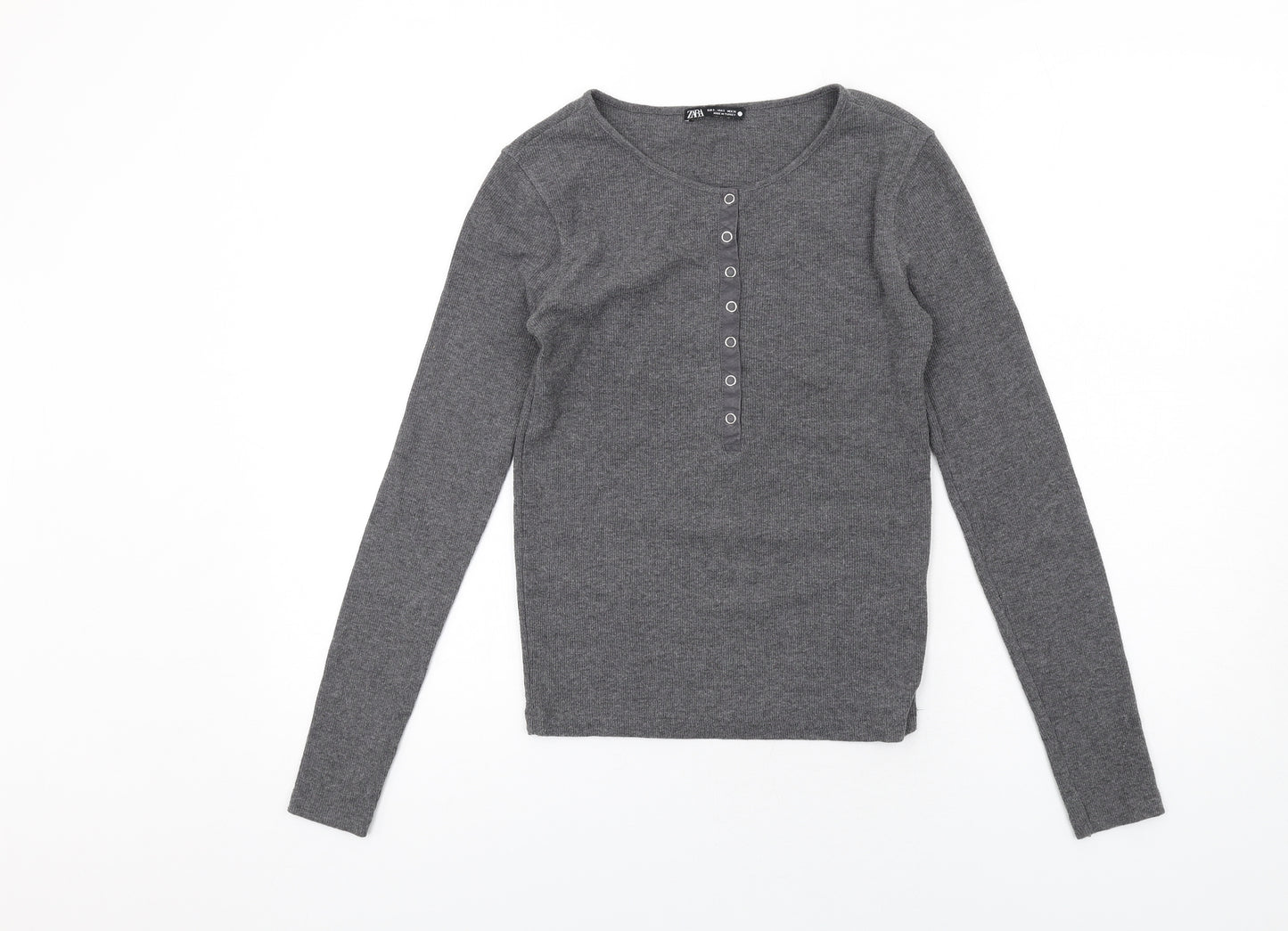 Zara Womens Grey Cotton Basic T-Shirt Size S Round Neck