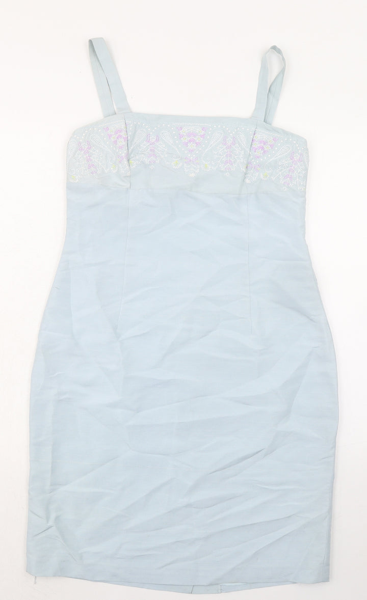Etam Womens Blue Silk A-Line Size 14 Square Neck Zip