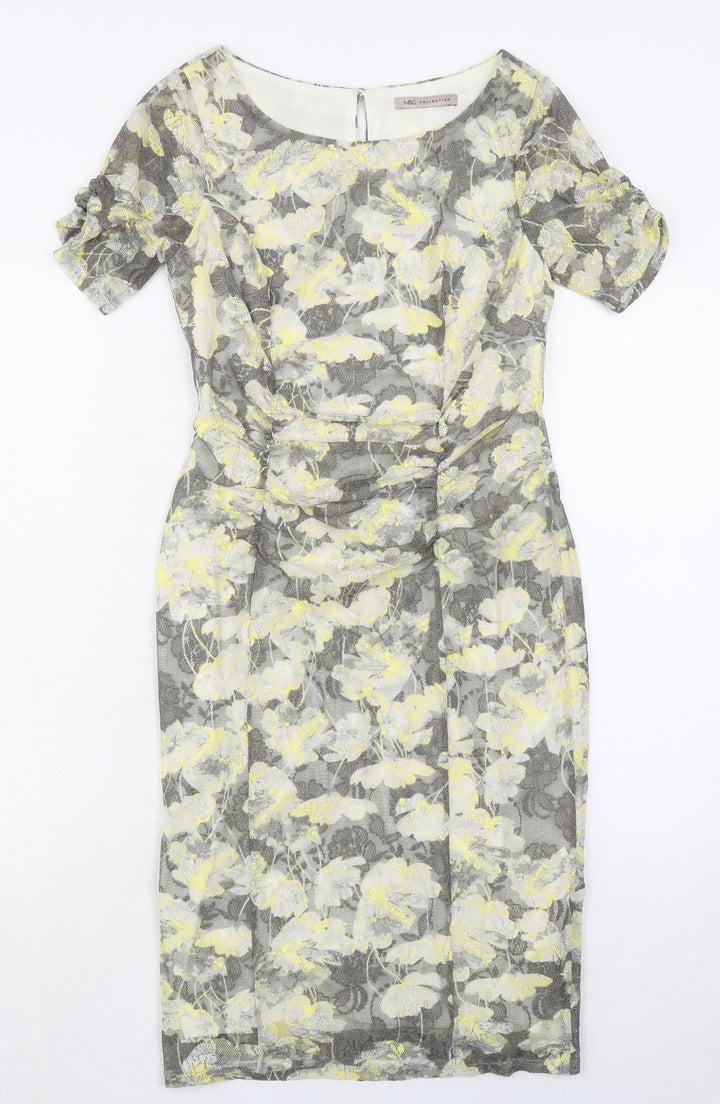 Marks and Spencer Womens Grey Floral Polyester Shift Size 10 Boat Neck Button
