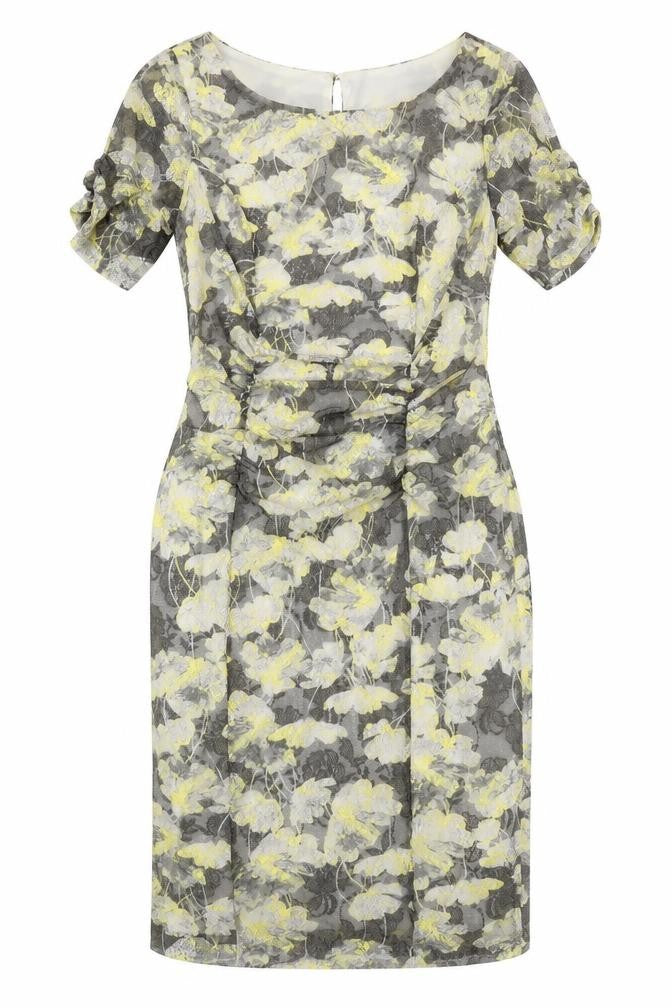 Front view of Marks & Spencer women’s grey floral polyester shift, size UK 10, boat neck button