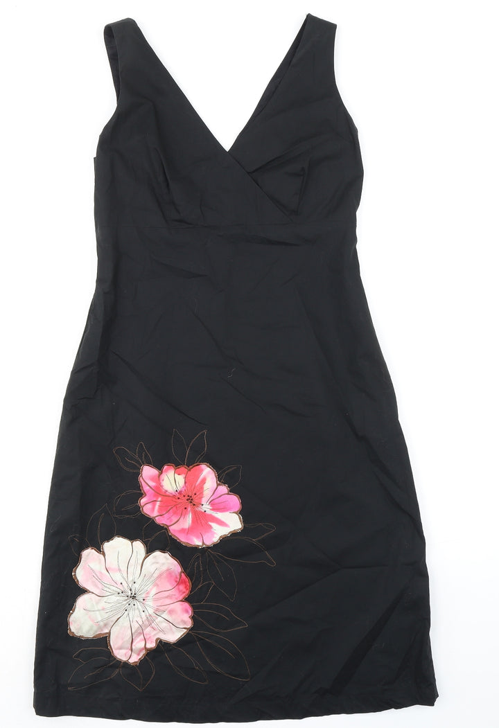 RJR.John Rocha Womens Black Cotton A-Line Size 12 V-Neck Zip - Floral Detail